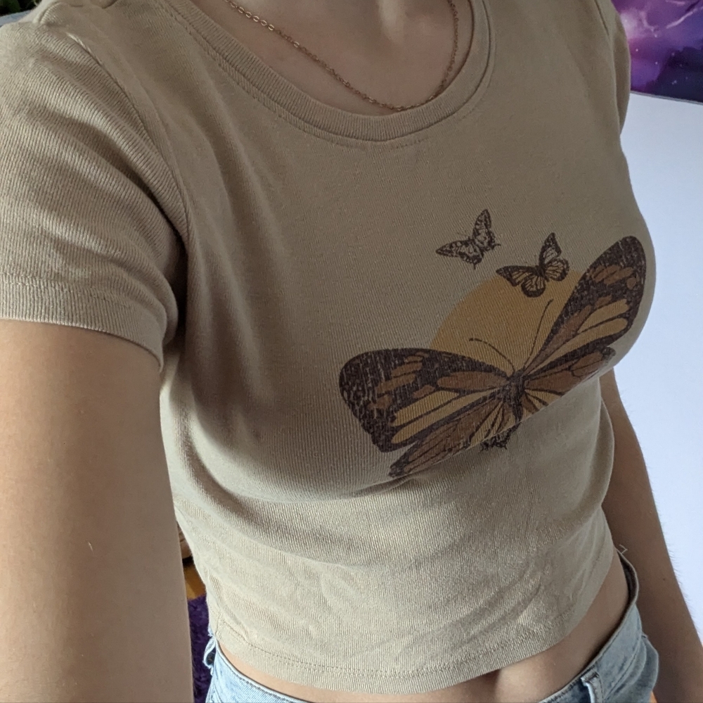 Butterfly Print Women's Crop Top - Tan